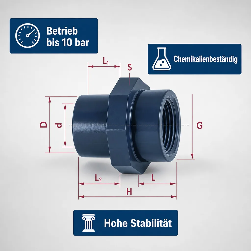 PVC Fittings, Übergangsmuffe 40-32mm, Innengewinde, Klebefitting PN10
