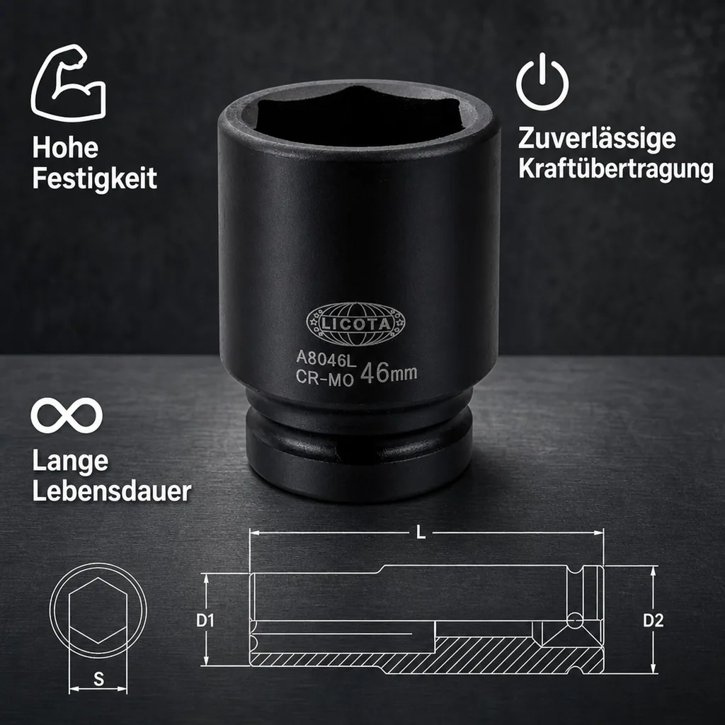 1 Zoll Nuss, Schlagschraubernuss SW 70, lange Ausführung, 6pt