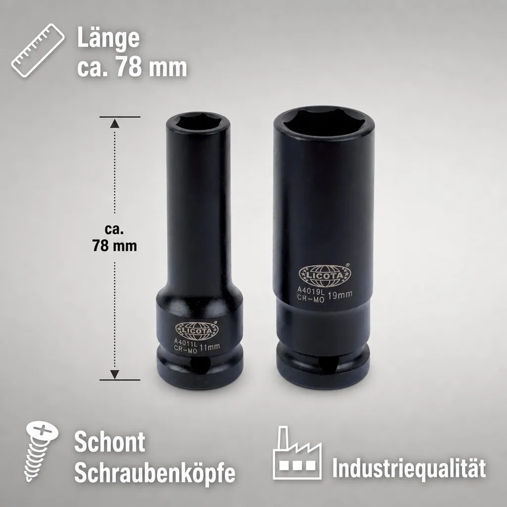Schlagschraubernuss, 1/2 Zoll Nuss, SW 38, 6kant, 78mm Cr-Mo, 10 Stk.