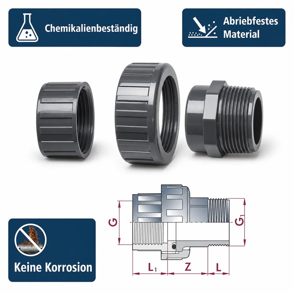 PVC Verschraubung 1 Zoll, PVC-U, IG x AG, Rohrverschraubung