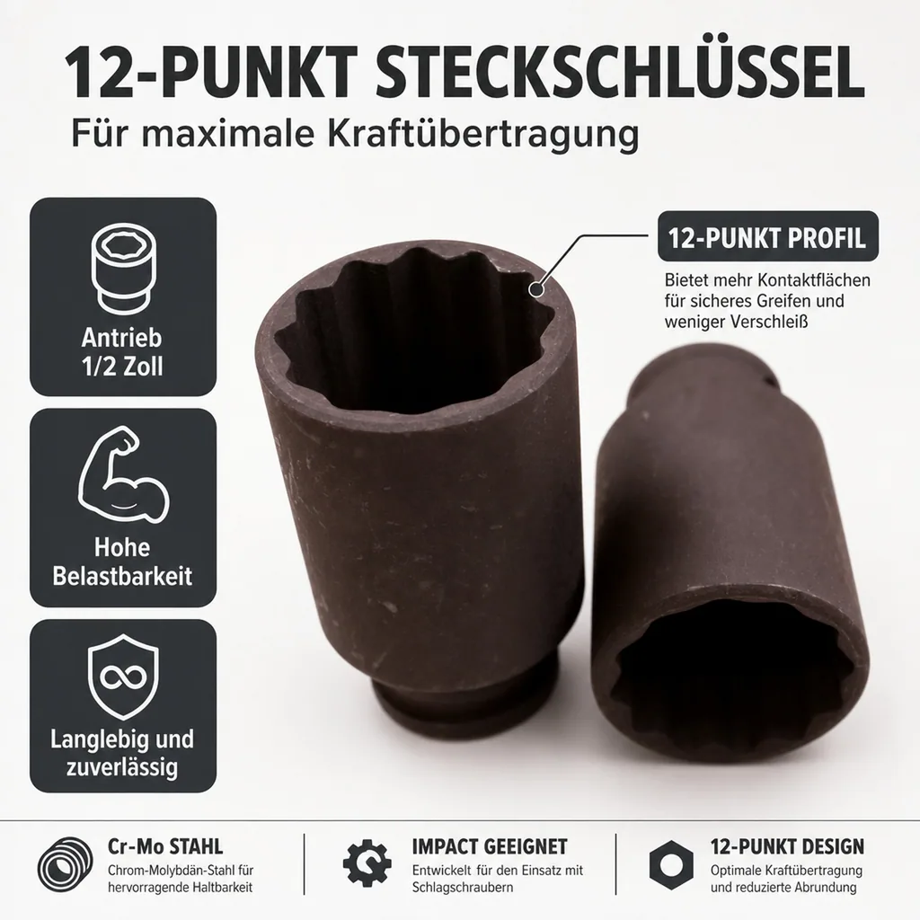 Schlagschraubernuss 34mm, 1/2 Zoll, Cr-Mo, 12-Kant, Industriequalität