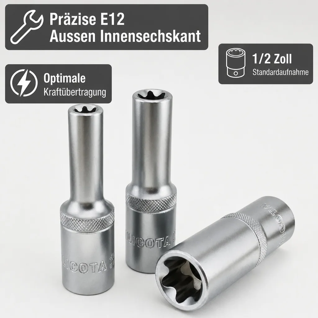Innensechskant Nuss E12, Aussen Innensechskant, 1/2 Zoll, CrV, 76mm -