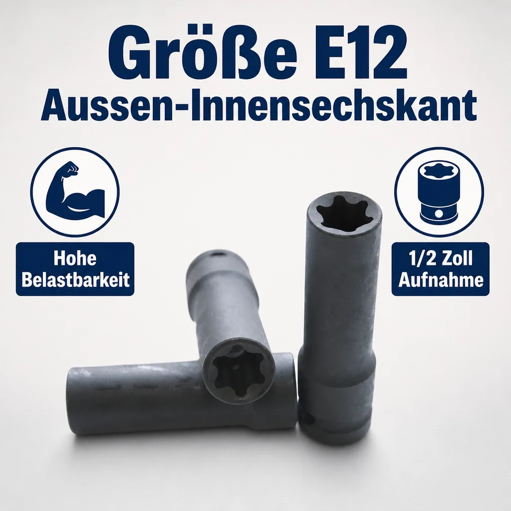 Schlagschraubernuss, Aussen Innensechskant E12, 1/2 Zoll, Cr-Mo