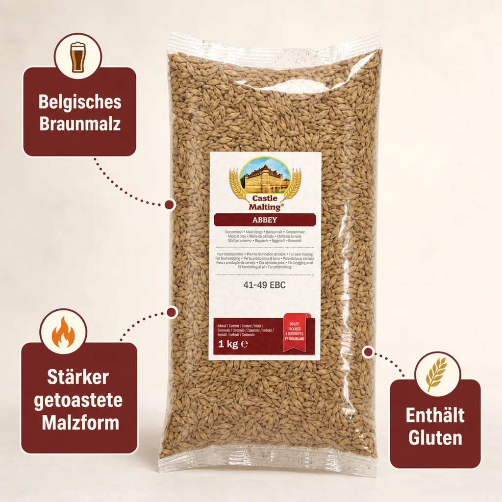 Castle Malting Abbey Malz, Biermalz, Gerstenmalz - 41- 49 EBC, 1 kg, verleiht einen kräftigen Geschmack nach gebackenem Brot, Nüssen und Früchten