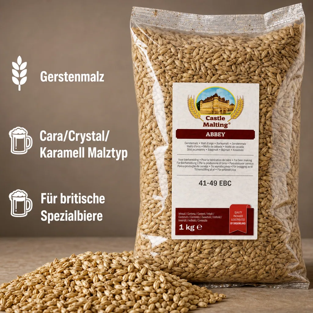 Castle Malting Abbey Malz, Biermalz, Gerstenmalz - 41- 49 EBC, 1 kg, verleiht einen kräftigen Geschmack nach gebackenem Brot, Nüssen und Früchten