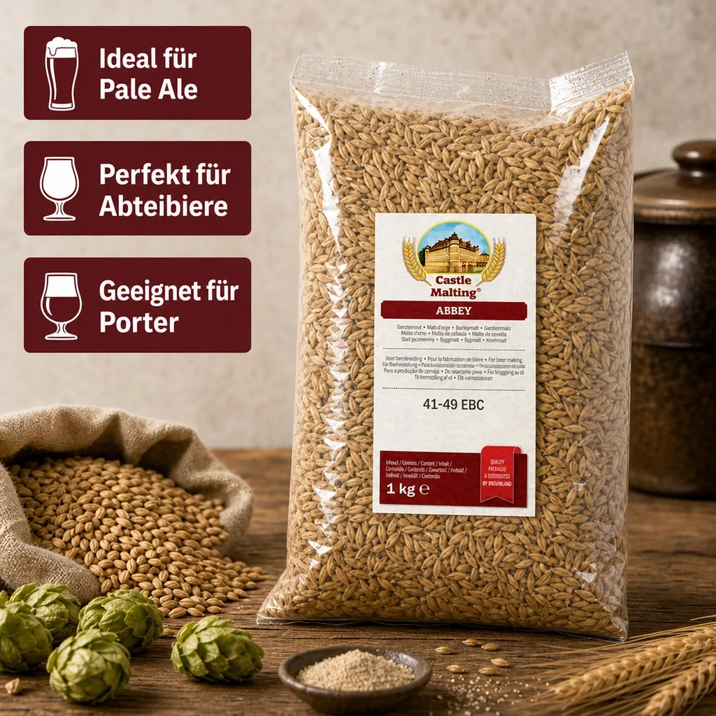 Castle Malting Abbey Malz, Biermalz, Gerstenmalz - 41- 49 EBC, 1 kg, verleiht einen kräftigen Geschmack nach gebackenem Brot, Nüssen und Früchten