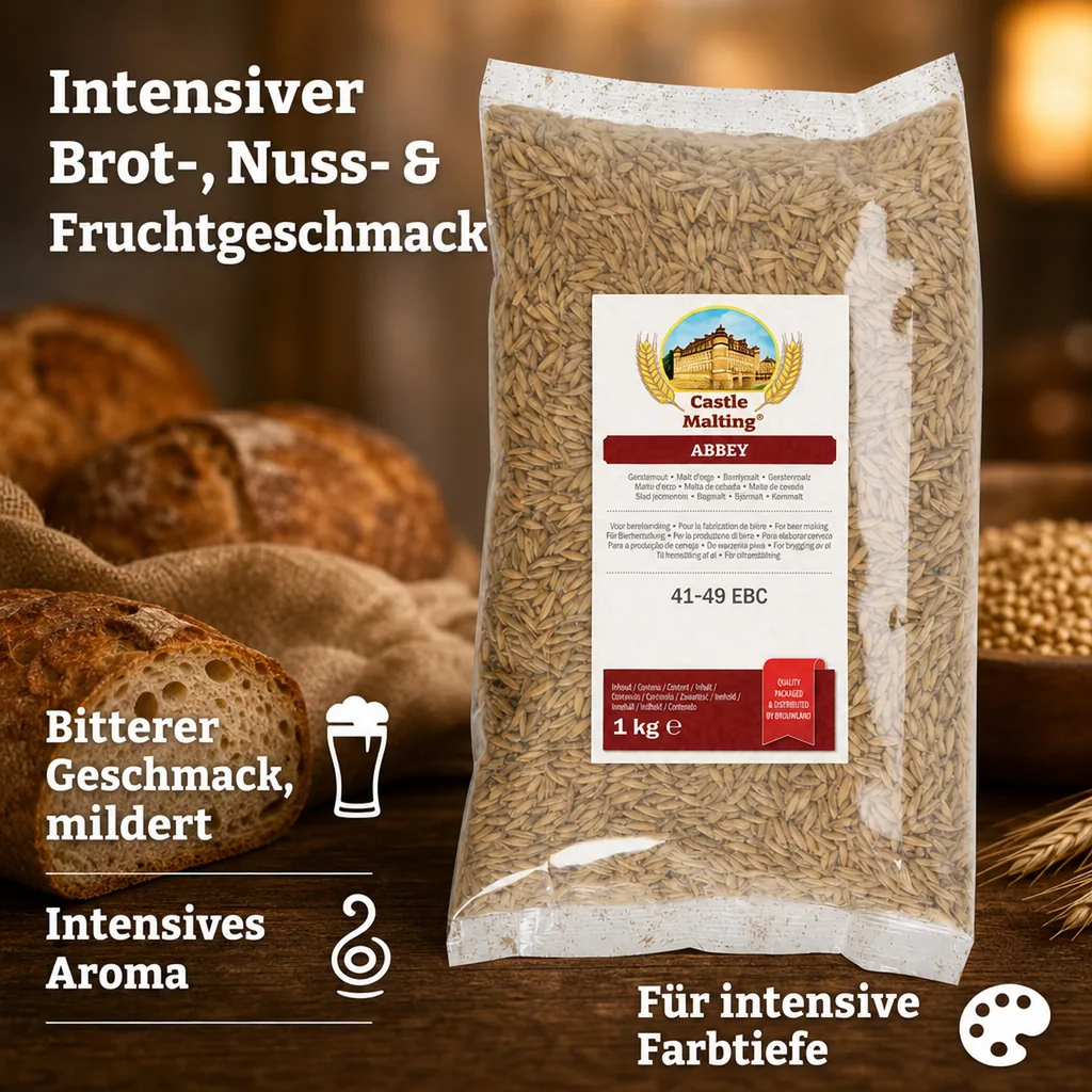 Castle Malting Abbey Malz, Biermalz, Gerstenmalz - 41- 49 EBC, 1 kg, verleiht einen kräftigen Geschmack nach gebackenem Brot, Nüssen und Früchten