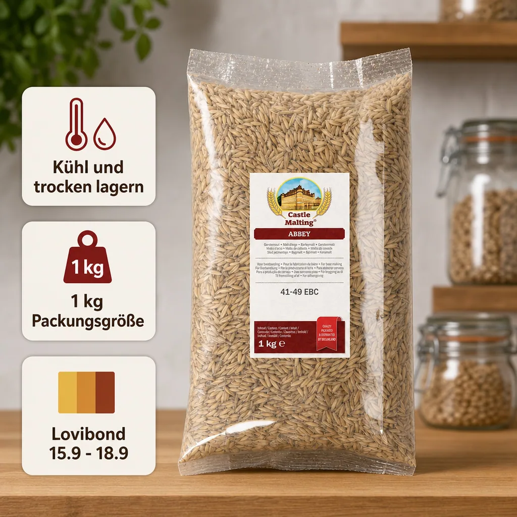 Castle Malting Abbey Malz, Biermalz, Gerstenmalz - 41- 49 EBC, 1 kg, verleiht einen kräftigen Geschmack nach gebackenem Brot, Nüssen und Früchten