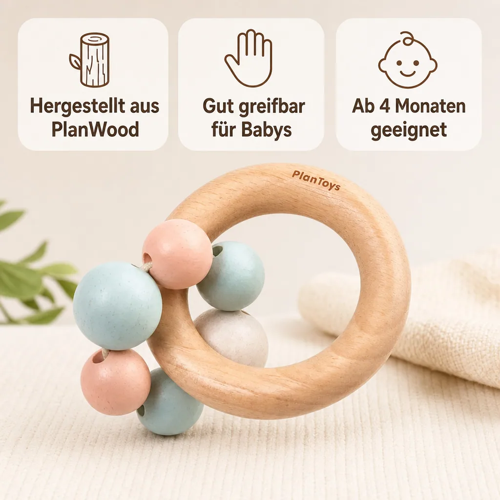 Plan Toys Baby Rassel mit Perlenring Holz pastell