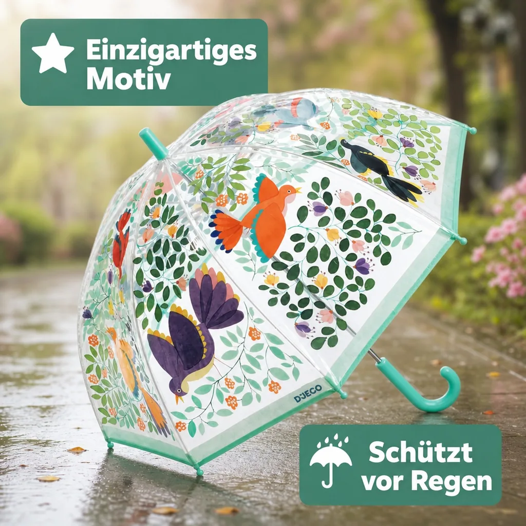 Djeco Kinder Regenschirm Vögel und Blätter