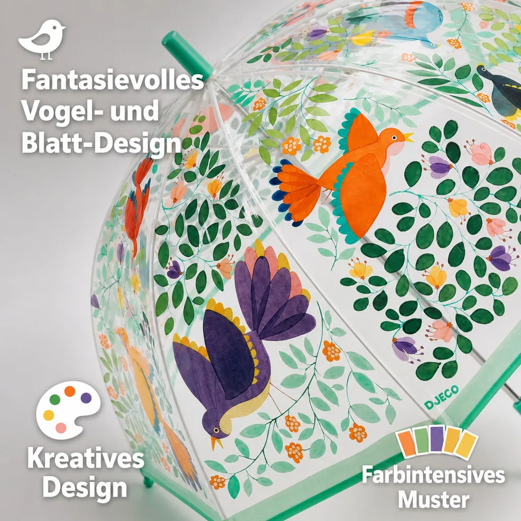 Djeco Kinder Regenschirm Vögel und Blätter