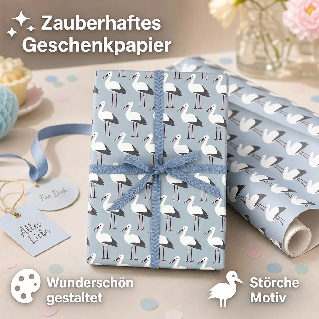 Ava & Yves Geschenkpapier Störche hellblau