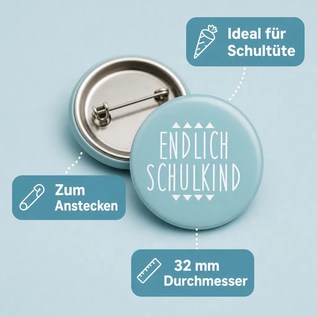 Ava & Yves Kinder Button / Anstecker endlich Schulkind blau