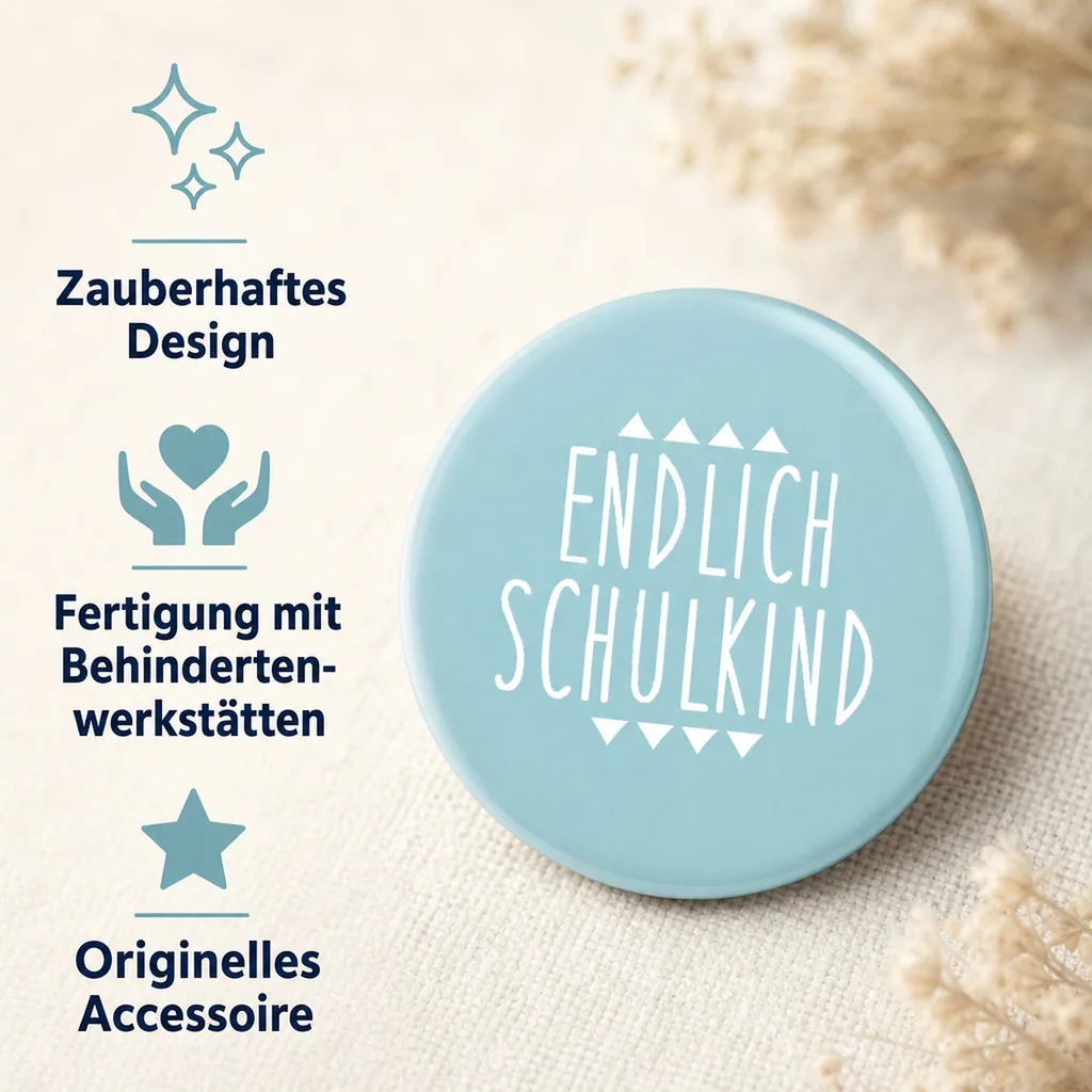 Ava & Yves Kinder Button / Anstecker endlich Schulkind blau