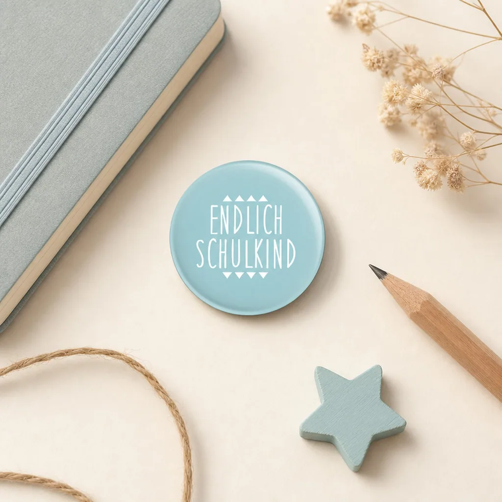 Ava & Yves Kinder Button / Anstecker endlich Schulkind blau