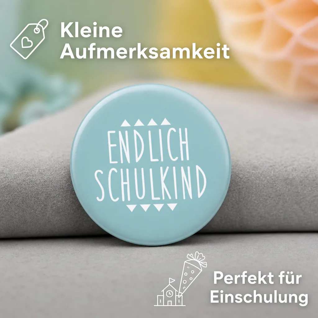 Ava & Yves Kinder Button / Anstecker endlich Schulkind blau