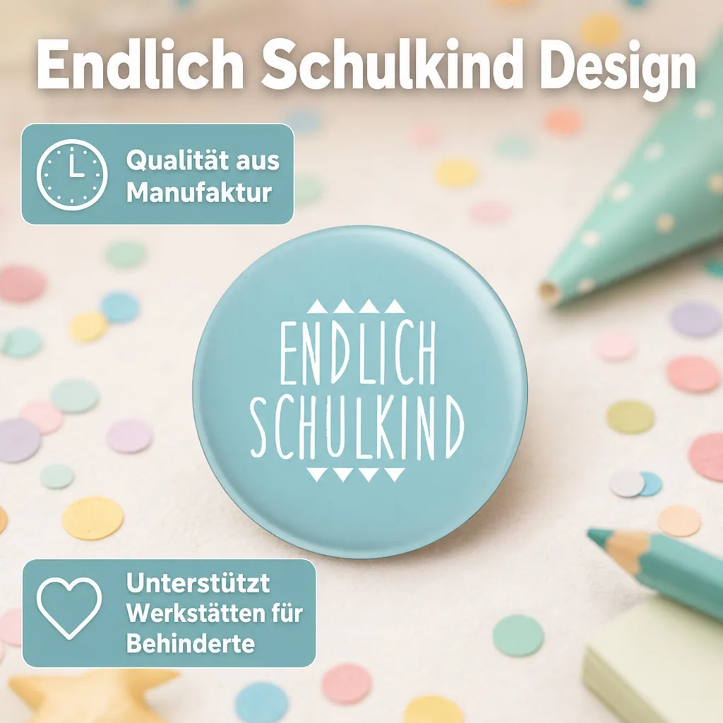 Ava & Yves Kinder Button / Anstecker endlich Schulkind blau