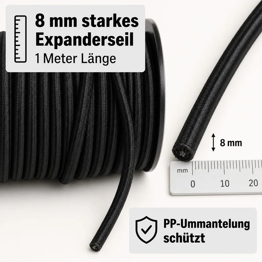 Expanderseil 8 mm, schwarz, 1 m, Gummiseil, UV-beständig