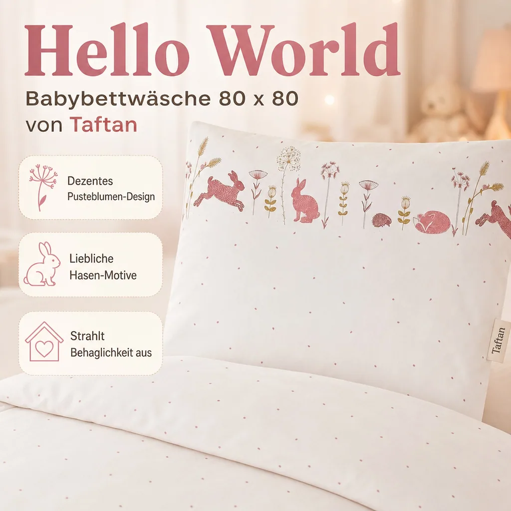 Taftan Babybettwäsche "Hello World" rosa beige 80 x 80