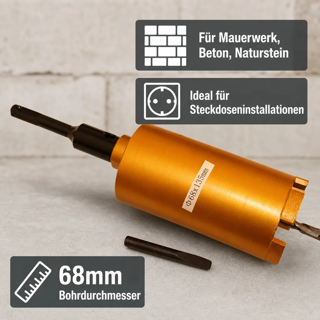 Diamantbohrkrone 68mm, Dosenbohrer SDS Plus, für Mauerwerk, mit Zentrierbohrer