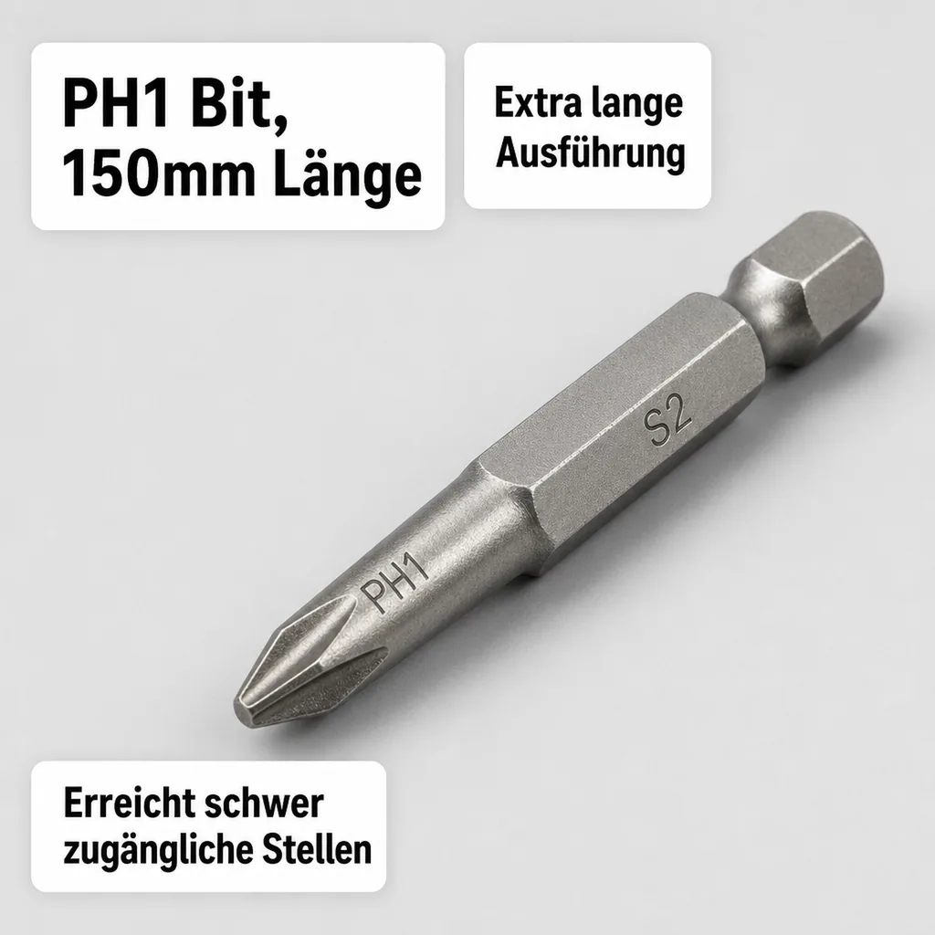 PH1 Bit, 150mm Langbit, S2 Stahl, Profi Bit, 1/4 Zoll