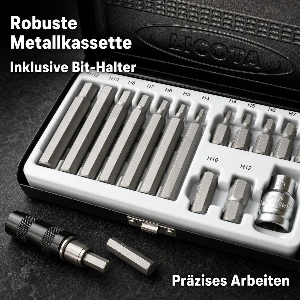 Bit Set, S2 Stahl, 3/8 Zoll, 10mm HEX, H4-H12, 30+75mm,  Bit Halter