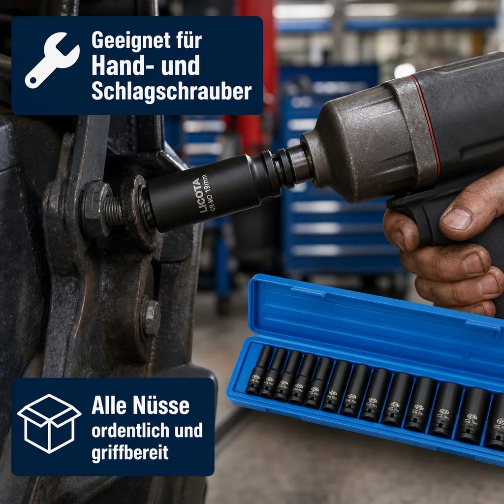 Schlagschrauber Nuss Set 1/2 Zoll, 10-30 mm, tief, 13-teilig, Cr-Mo