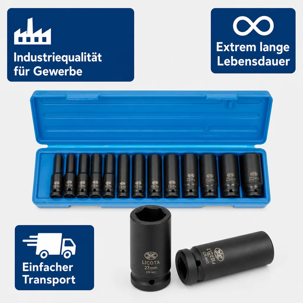 Schlagschrauber Nuss Set 1/2 Zoll, 10-30 mm, tief, 13-teilig, Cr-Mo
