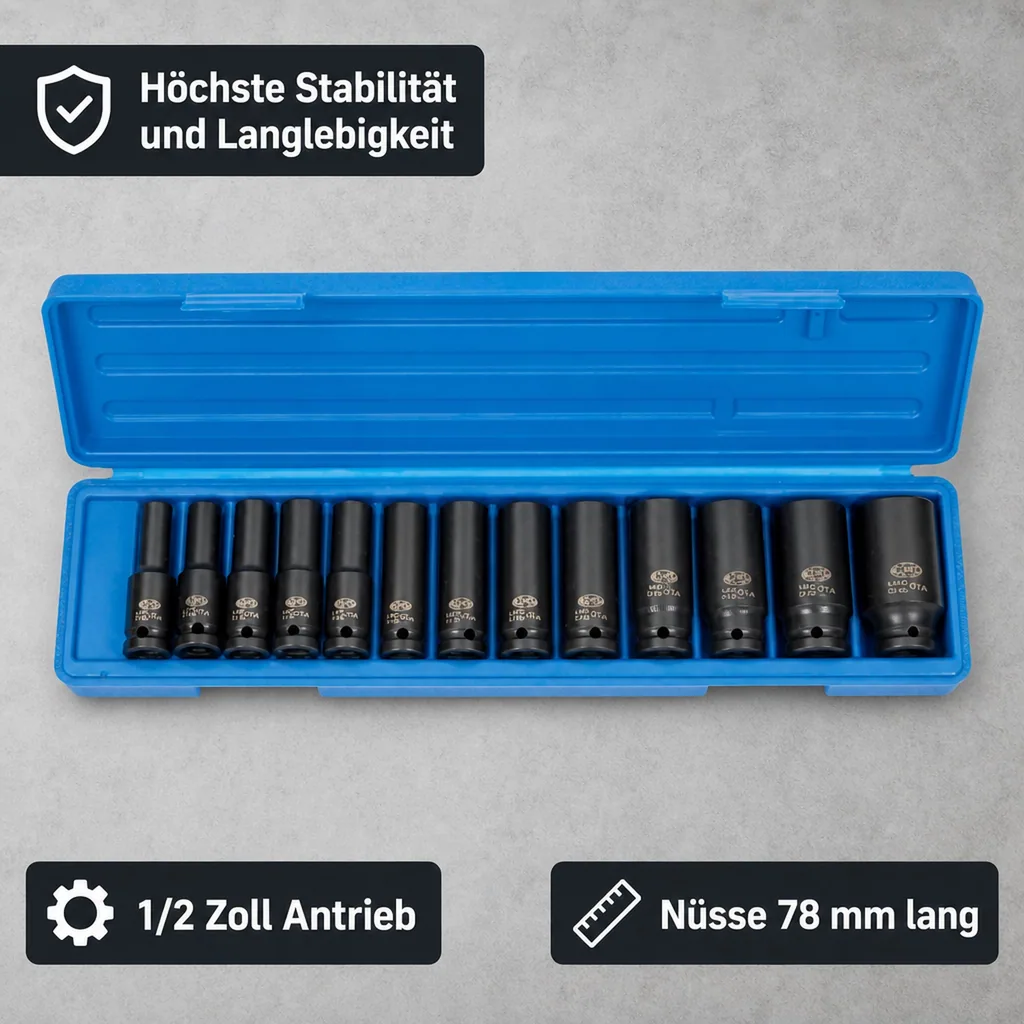 Schlagschrauber Nuss Set 1/2 Zoll, 10-30 mm, tief, 13-teilig, Cr-Mo