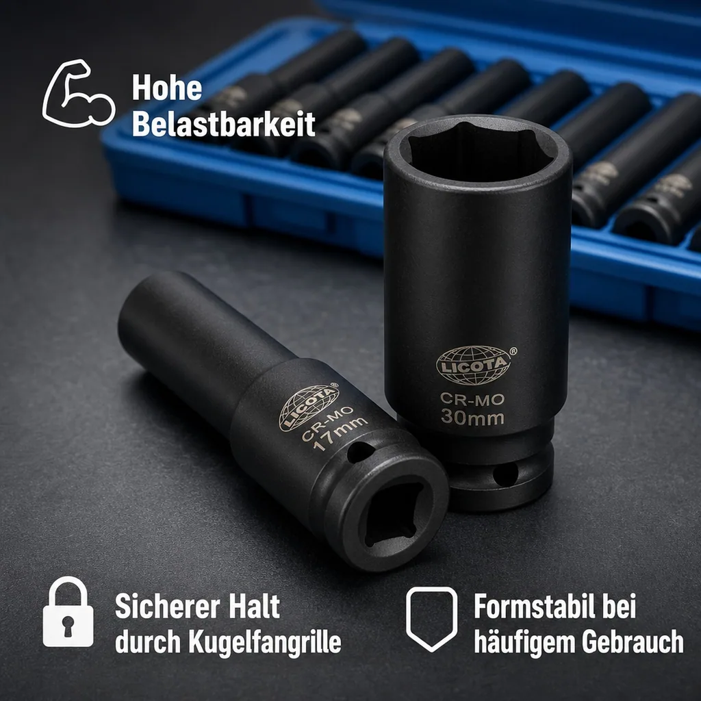 Schlagschrauber Nuss Set 1/2 Zoll, 10-30 mm, tief, 13-teilig, Cr-Mo