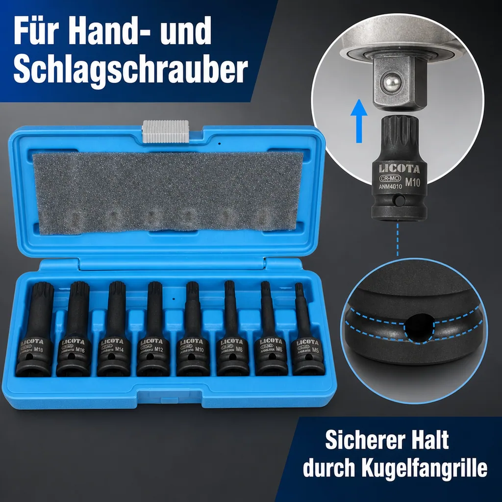 Schlagschrauber Nuss Set 1/2 Zoll, Spline Nüsse M5-M18, 8-teilig