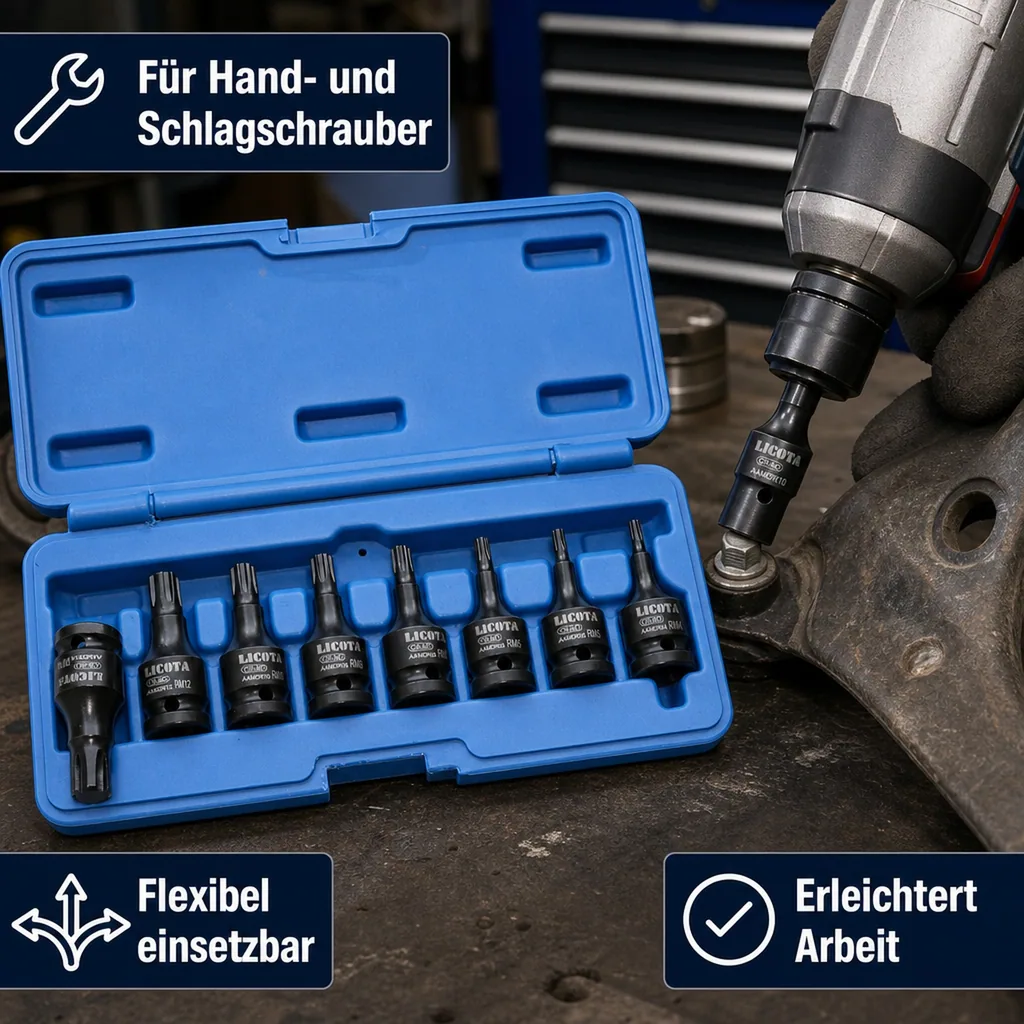 Schlagschrauber Nüsse Set, 8-teilig, Ribe M4-M14, 1/2 Zoll, Cr-Mo
