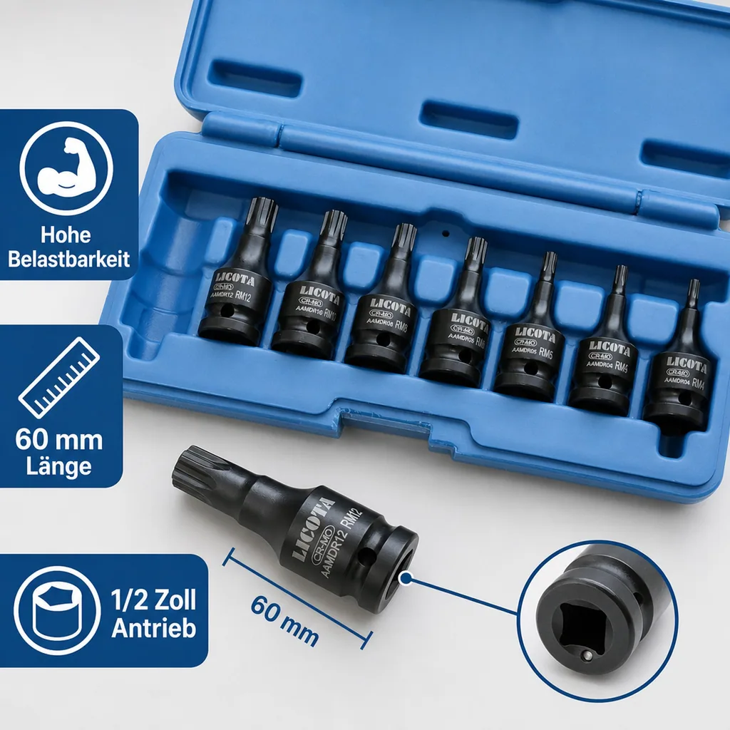 Schlagschrauber Nüsse Set, 8-teilig, Ribe M4-M14, 1/2 Zoll, Cr-Mo