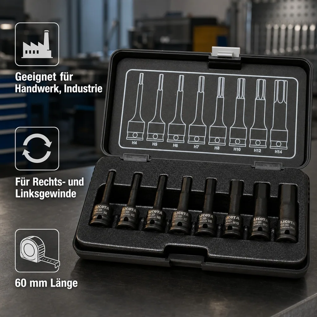 Innensechskant Nuss Set, Schlagschrauber Nüsse, 3/8 Zoll, H4-H14, 8-teilig, Cr-Mo
