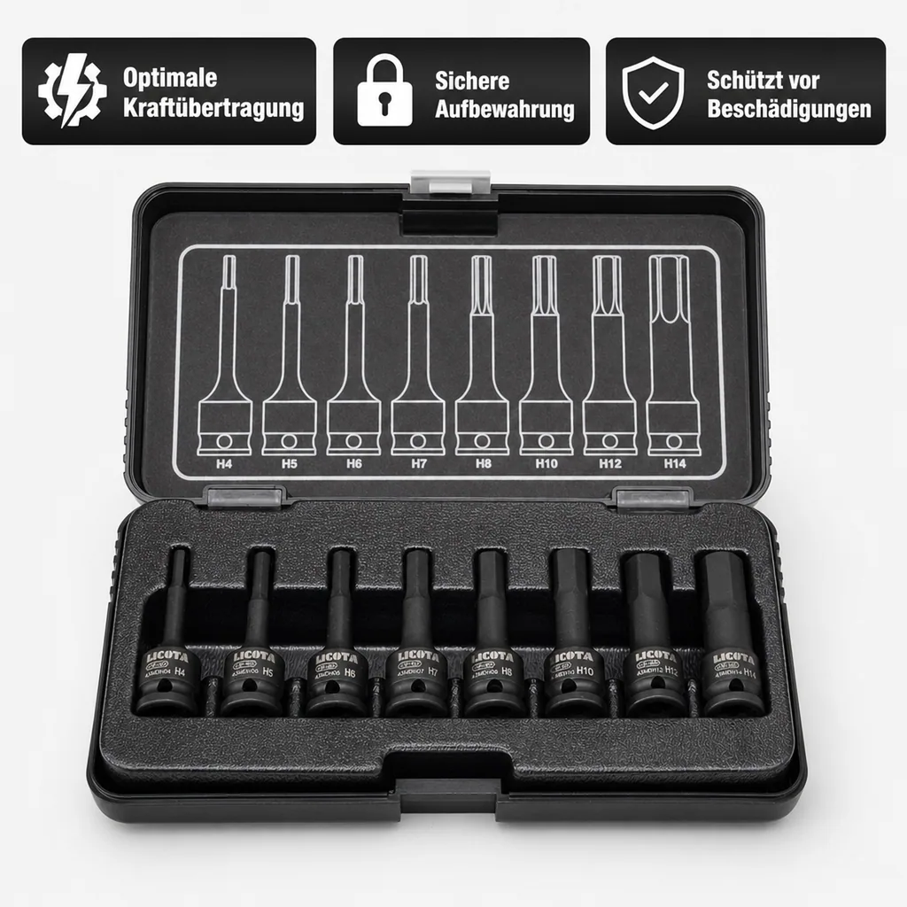 Innensechskant Nuss Set, Schlagschrauber Nüsse, 3/8 Zoll, H4-H14, 8-teilig, Cr-Mo