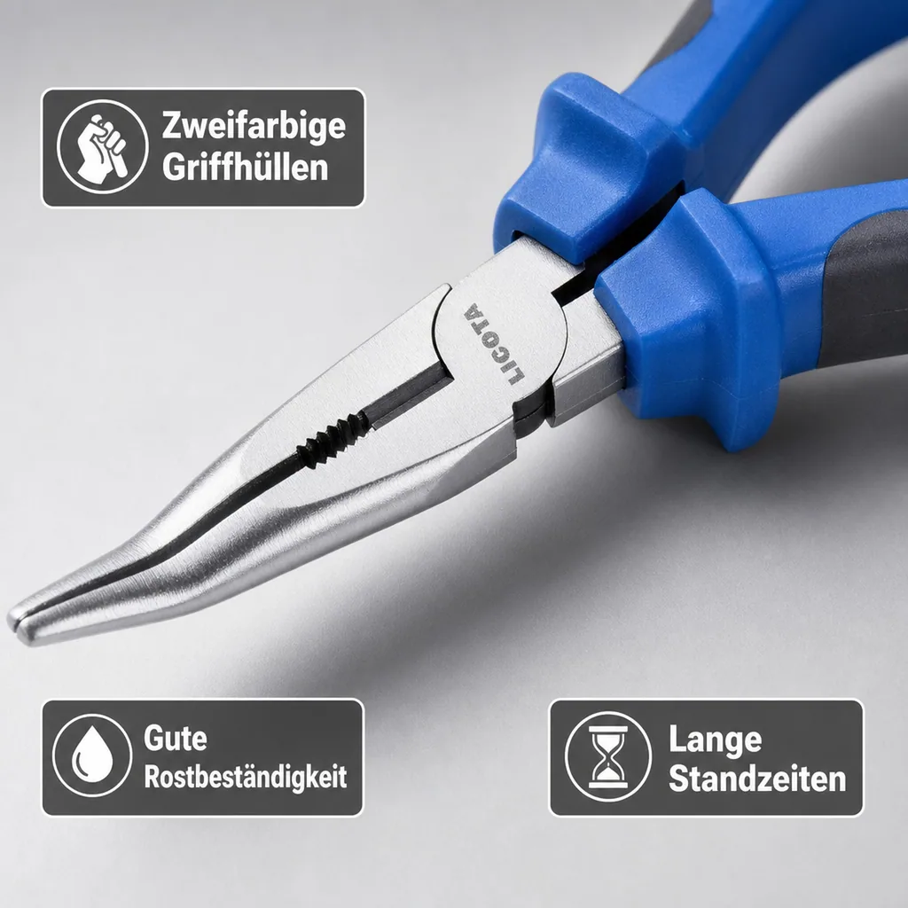 Spitzzange, Flachrundzange gewinkelt 160mm, Profi Zange