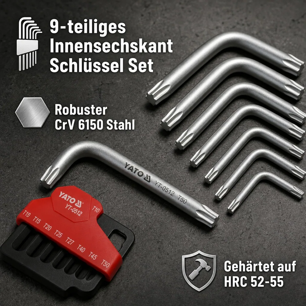 Innensechskant Schlüssel Set, 9-teilig, T10-T50, Stiftschlüssel Innensechskant, Yato, manipulationssicher