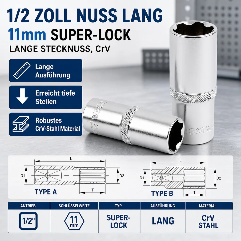 1/2 Zoll Nuss lang, 11mm Super-Lock, lange Stecknuss, CrV