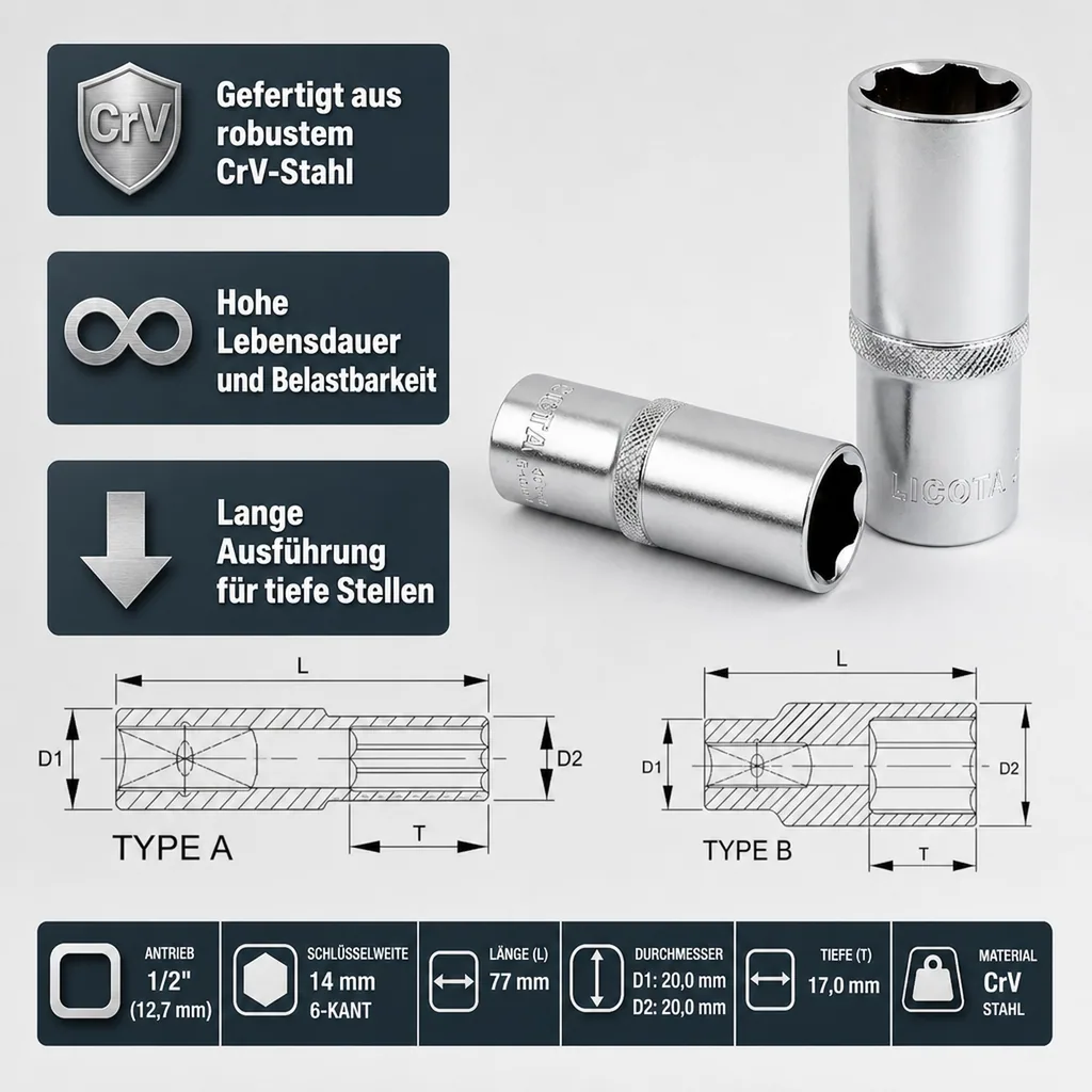 1/2 Zoll Nuss, Stecknuss, lange Ausführung, 14mm CrV, Super-Lock