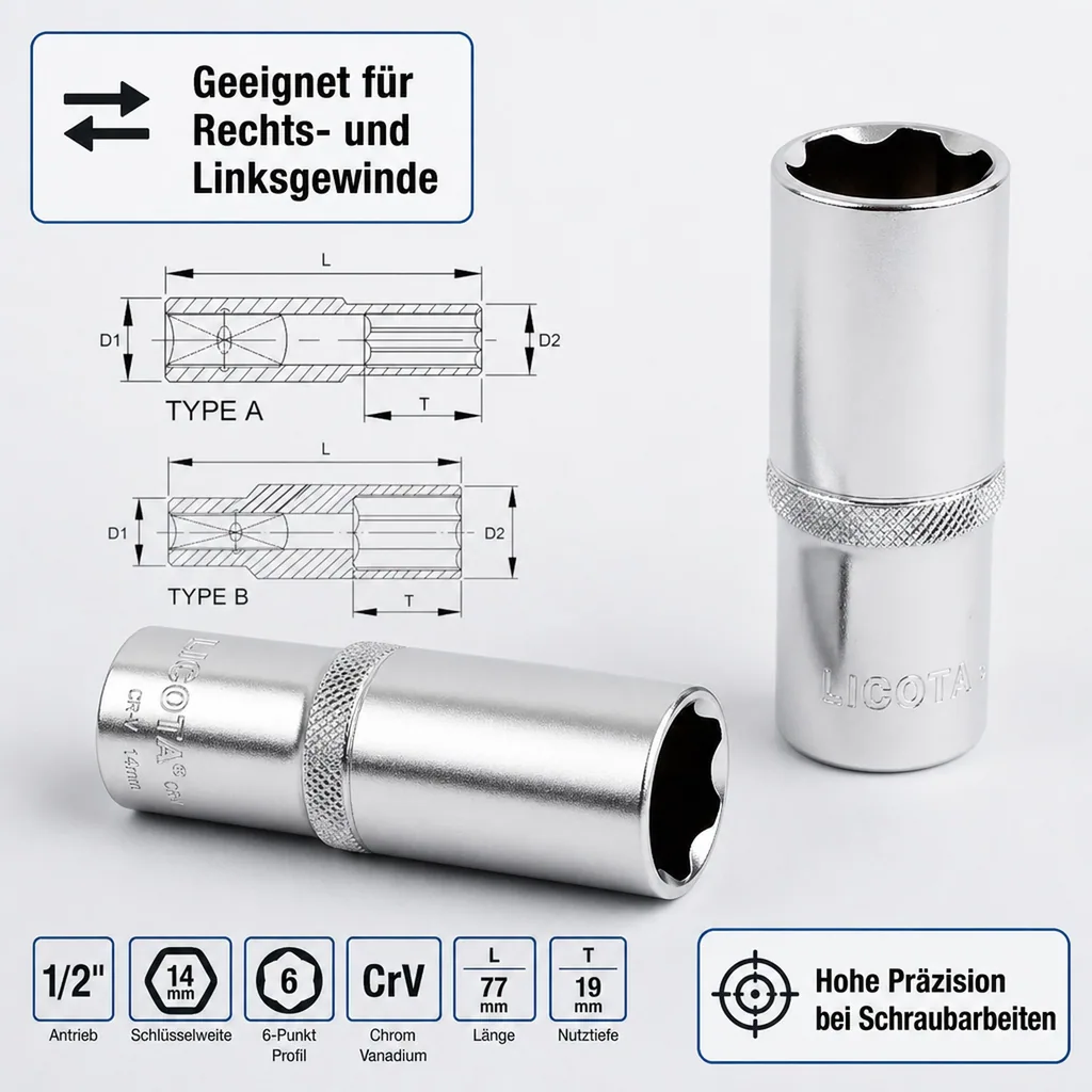 1/2 Zoll Nuss, Stecknuss, lange Ausführung, 14mm CrV, Super-Lock