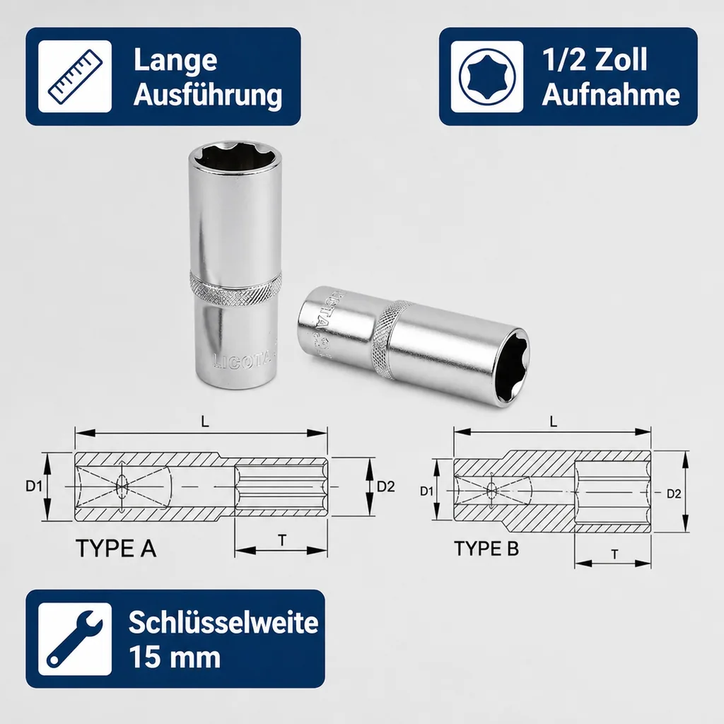 Stecknuss 1/2 Zoll, 15mm, Superlock Nuss, lange Stecknuss