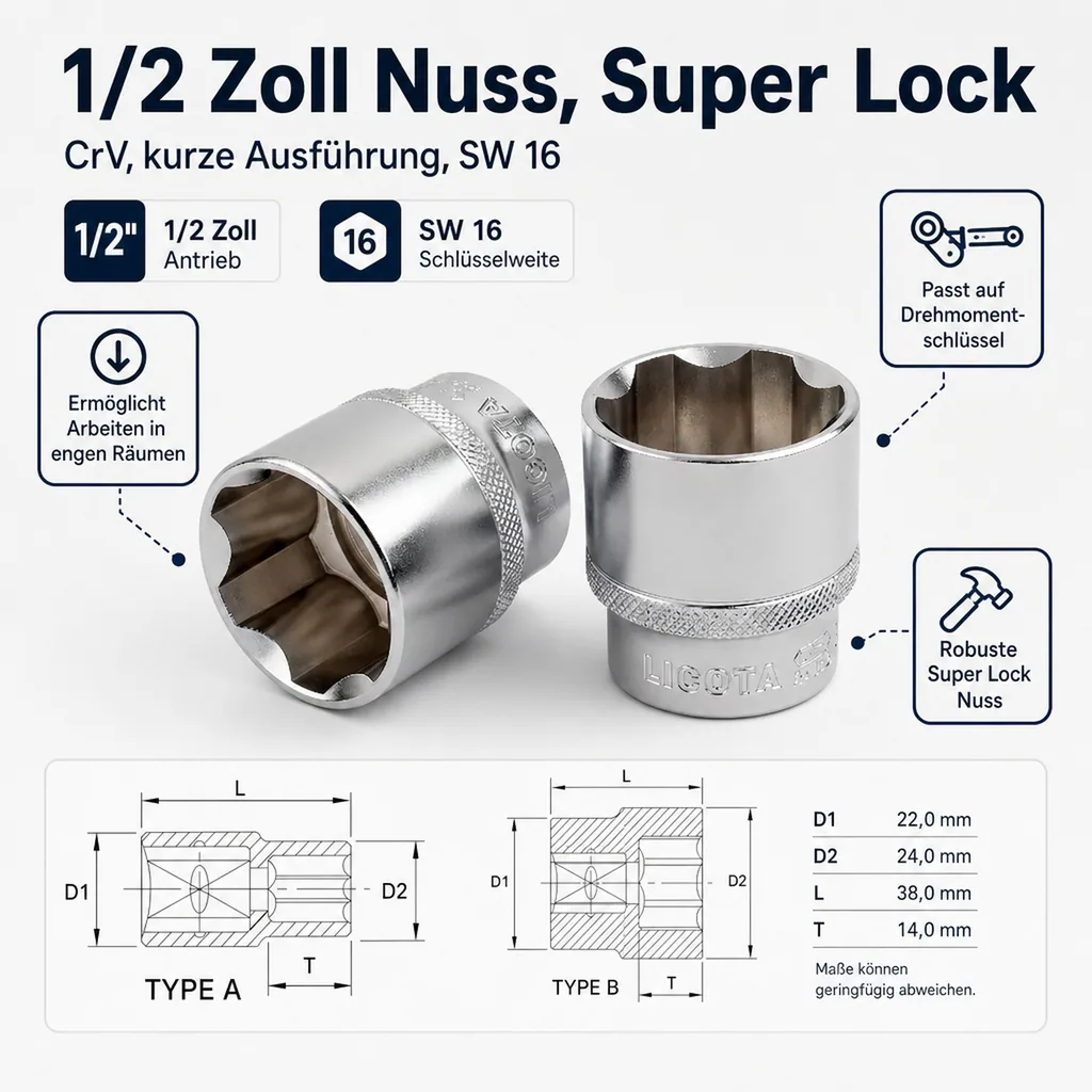 1/2 Zoll Nuss, Super Lock, CrV, kurze Ausführung, SW 16