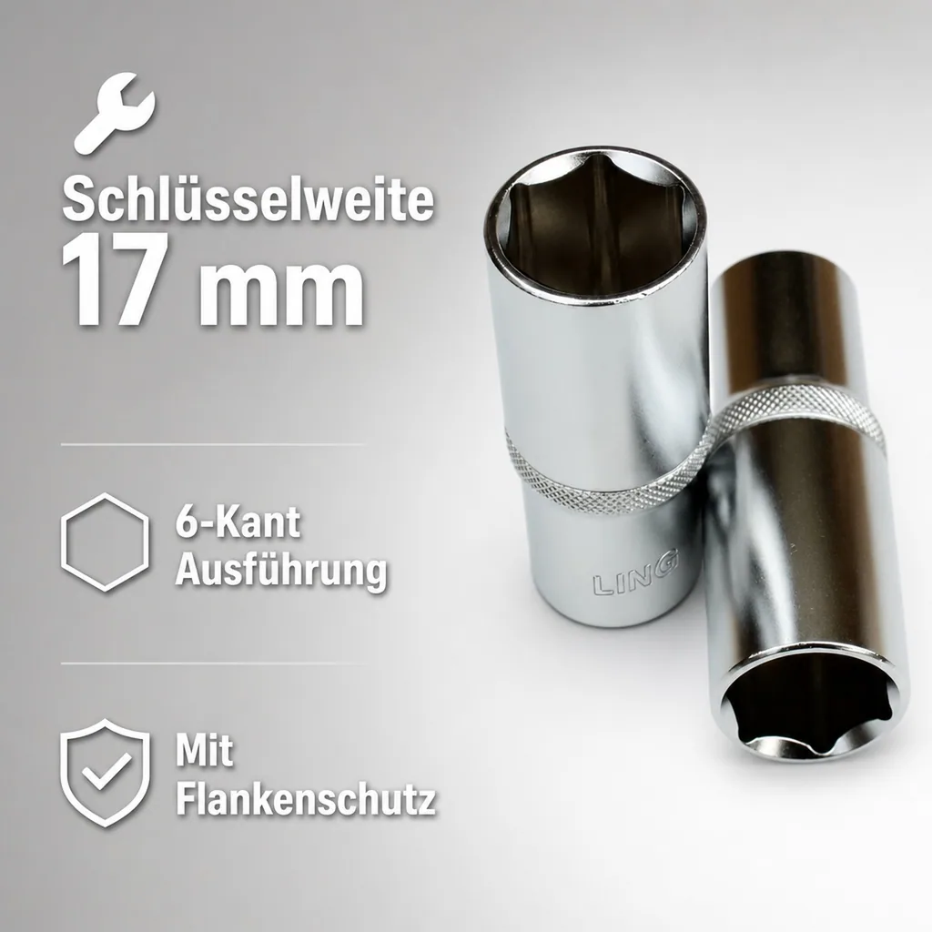 1 2 zoll nuss, Stecknuss 17 mm, Langnuss, CR-V, 6-kant