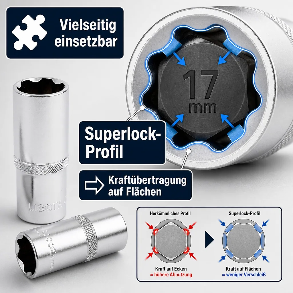 17mm Nuss, Superlock, 1/2 Zoll Stecknuss, CrV, lange Ausführung