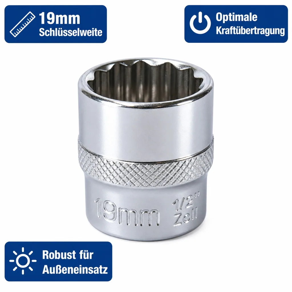 Stecknuss 19mm, 1/2 Zoll Nuss, Cr-V, Industriequalität