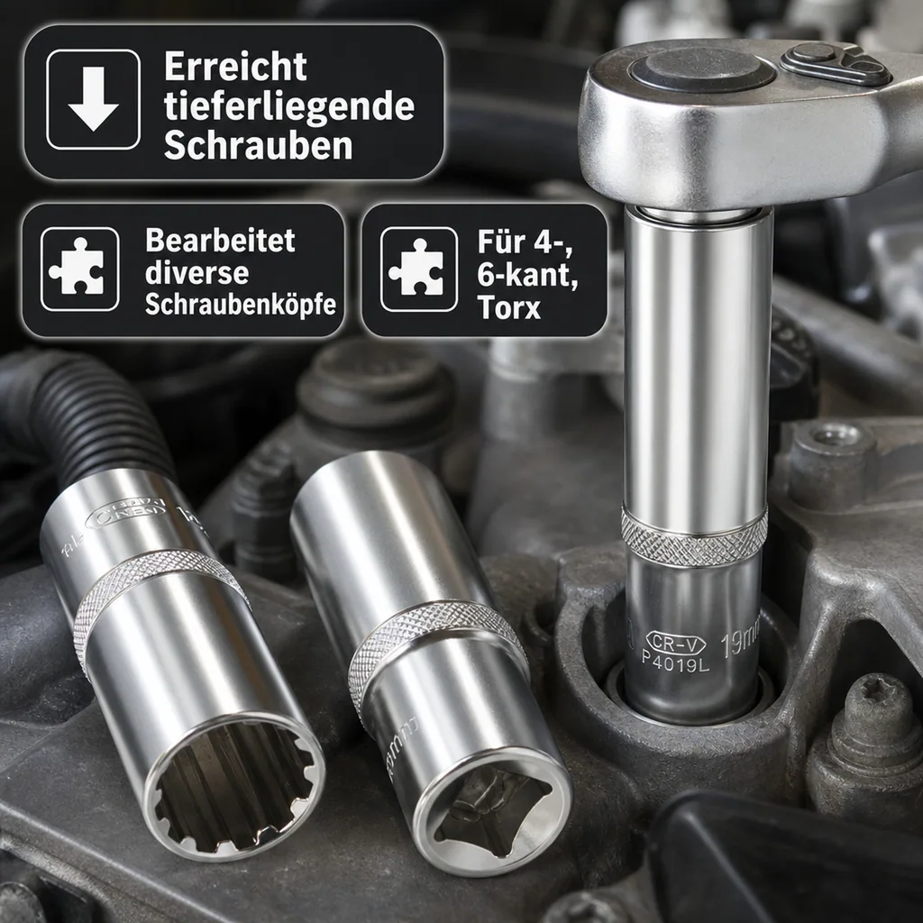 1/2 Zoll Nuss, Vielzahn Nuss, CrV SW 22, lange Ausführung