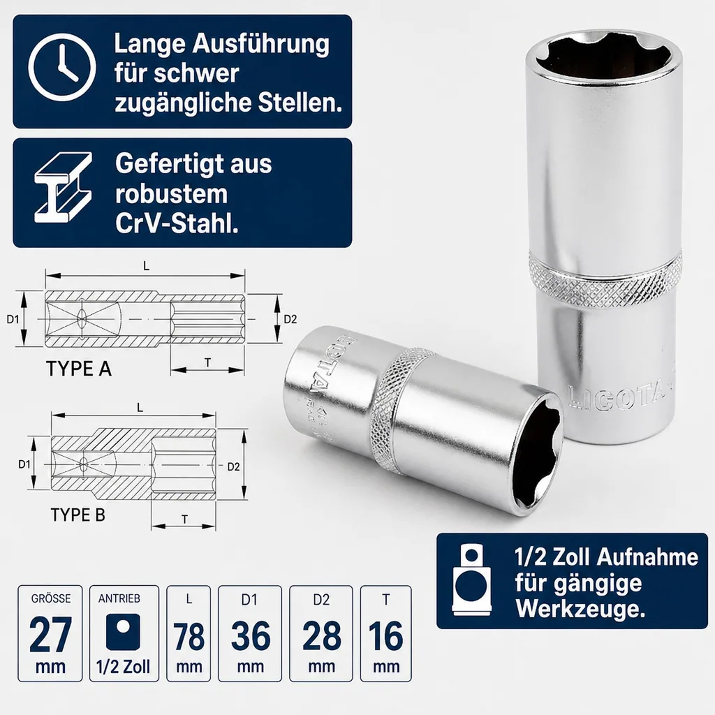 27mm Nuss, Superlock, 1/2 Zoll, CrV, Lange Ausführung
