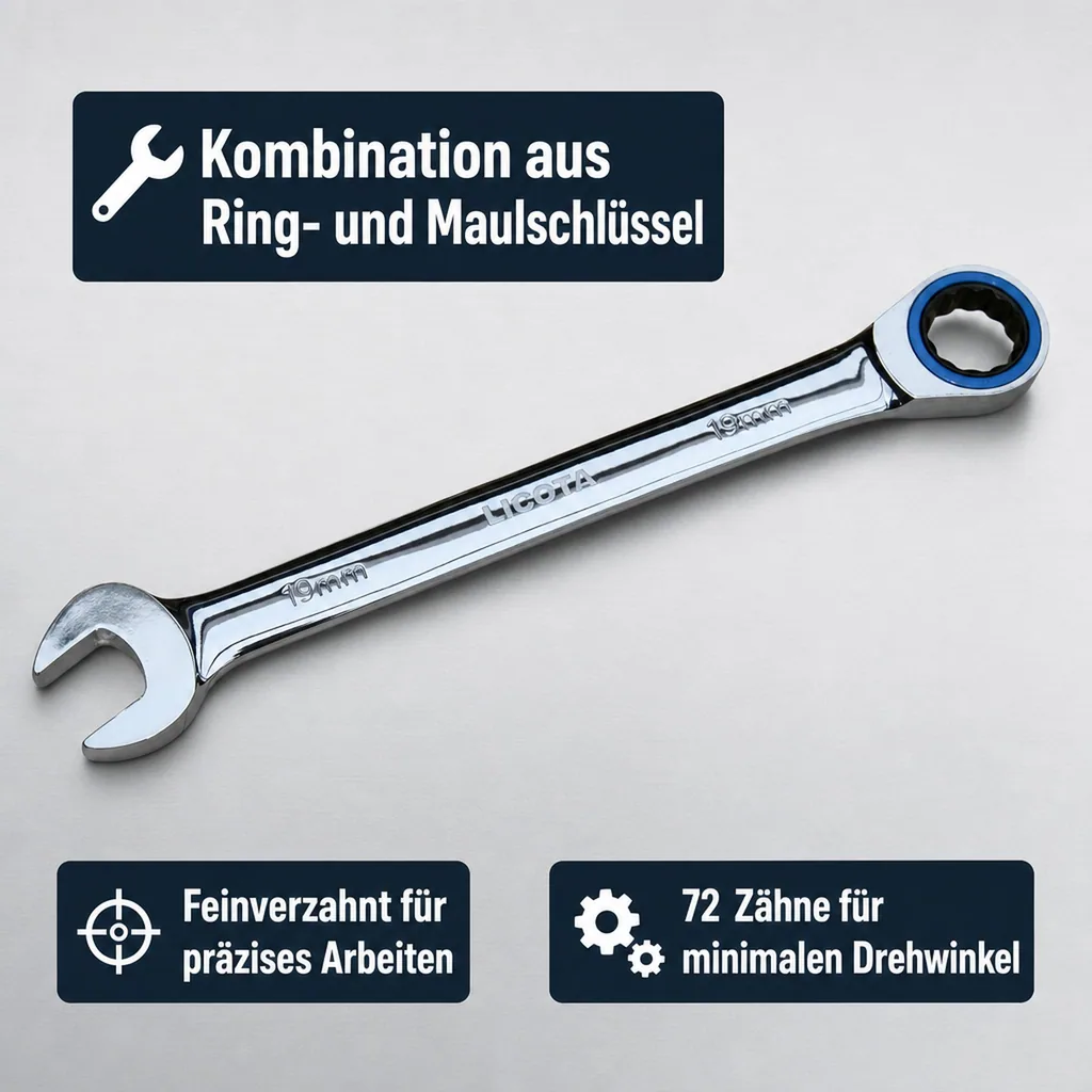 Ringratschenschlüssel, Ratschenmaulschlüssel, Feinverzahnt