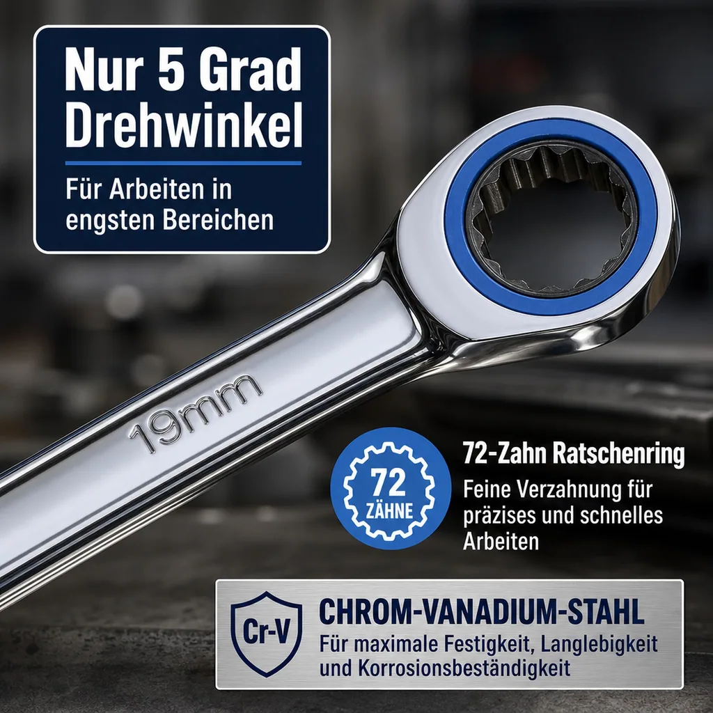 Ringratschenschlüssel, Ratschenmaulschlüssel, Feinverzahnt
