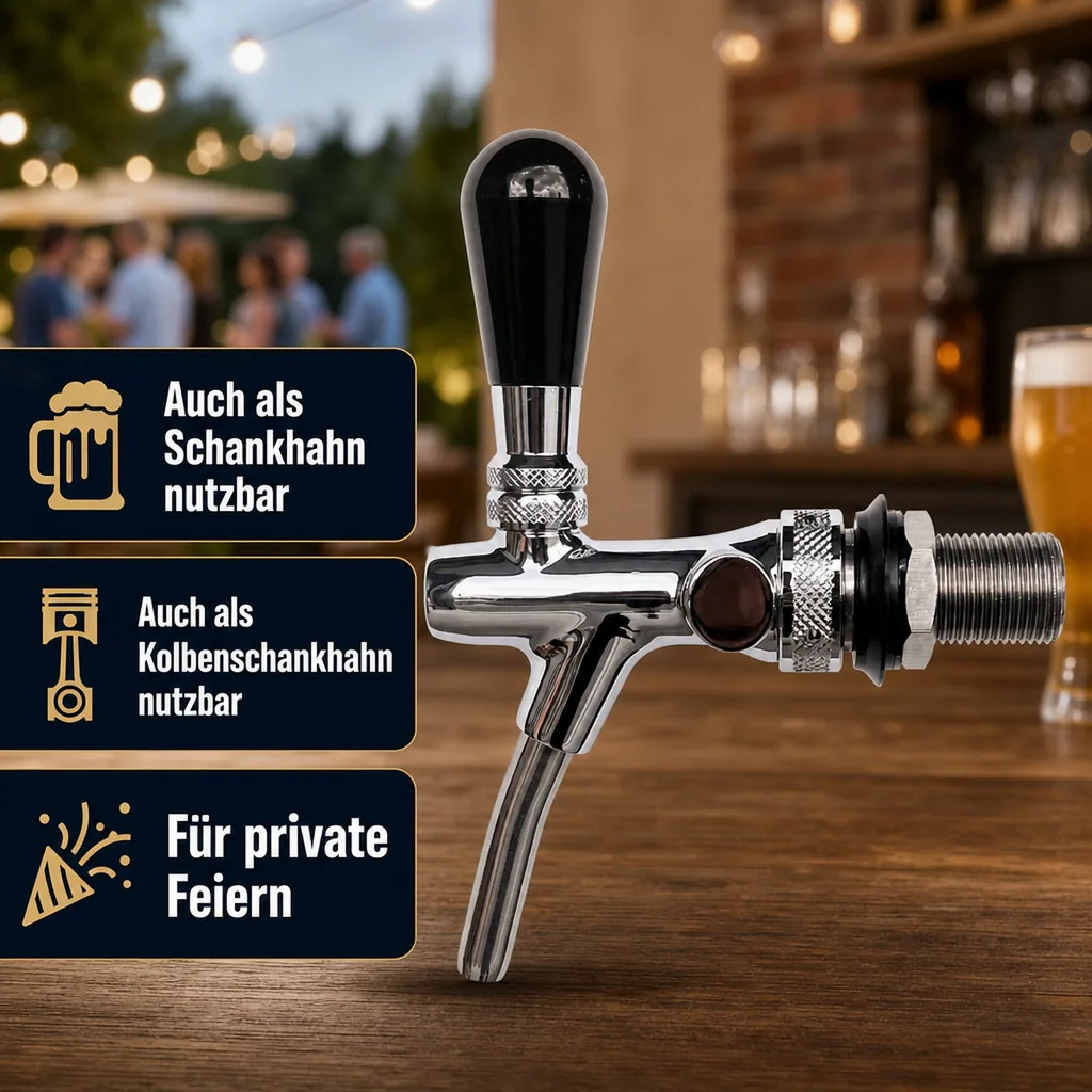 Zapfhahn, Bierzapfhahn, Schankhahn, Kolbenschankhahn - selbstschließend, verchromt, 7 mm Ausführung, Gewindelänge: 55 mm